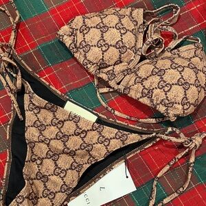 New Logo GG Print Bikini in Tan and Brown
